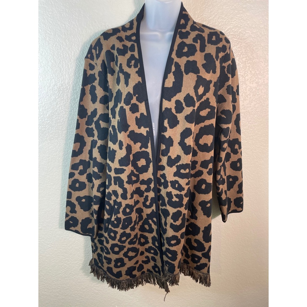 Chicos 3 US XL Cardigan Brown Leopard Print Fringe Open Front Cotton Sweater